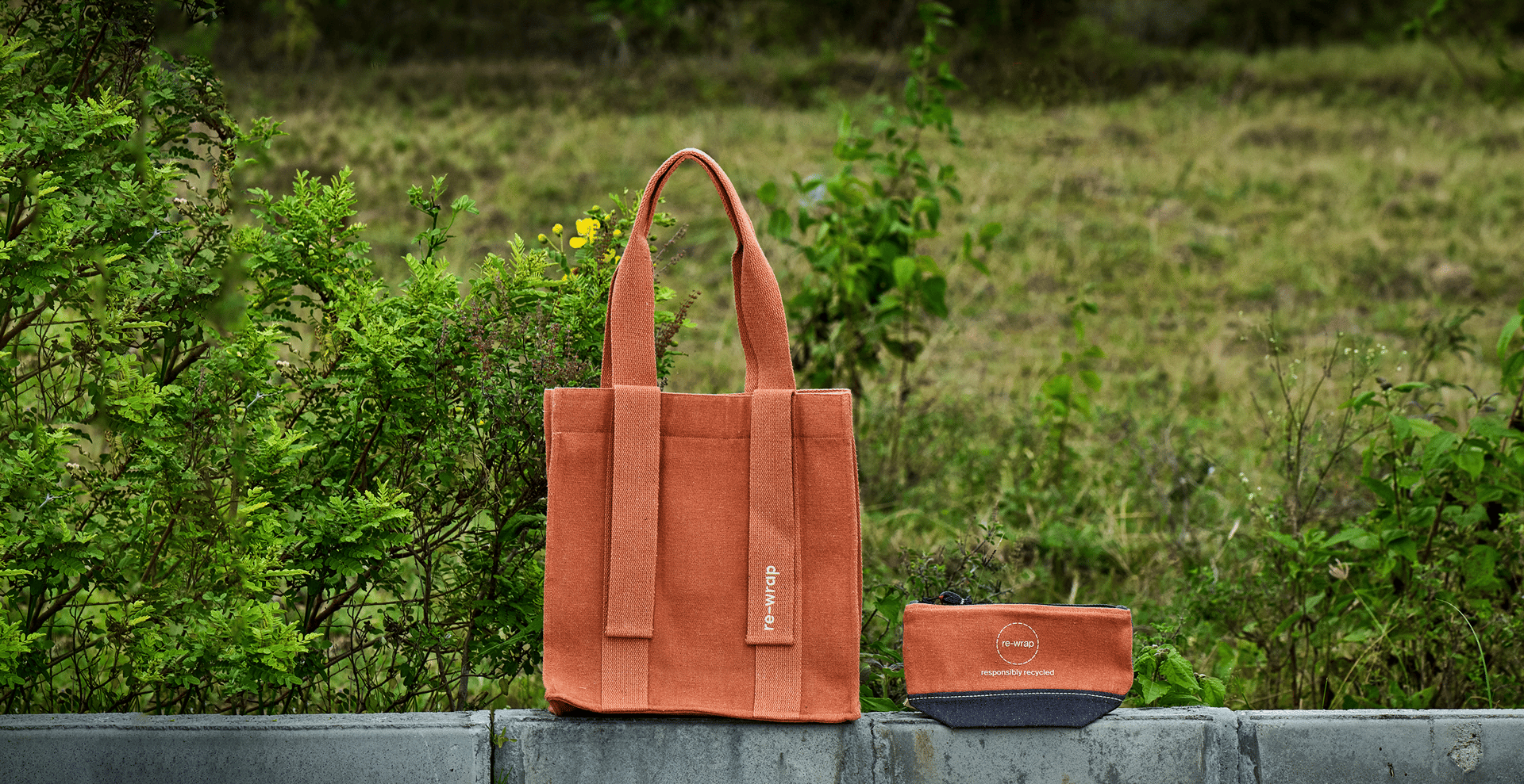 Recycled Tote Bag and Pouch in field