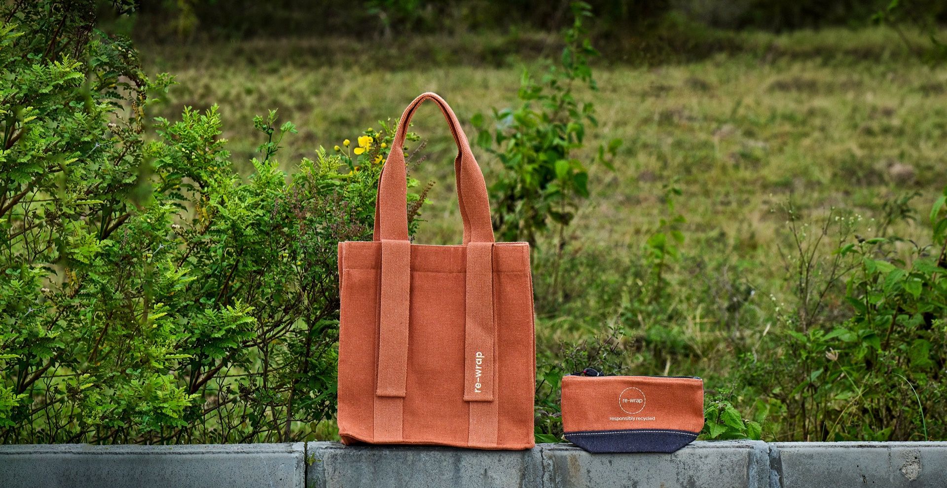 Recycled Tote Bag and Pouch in field